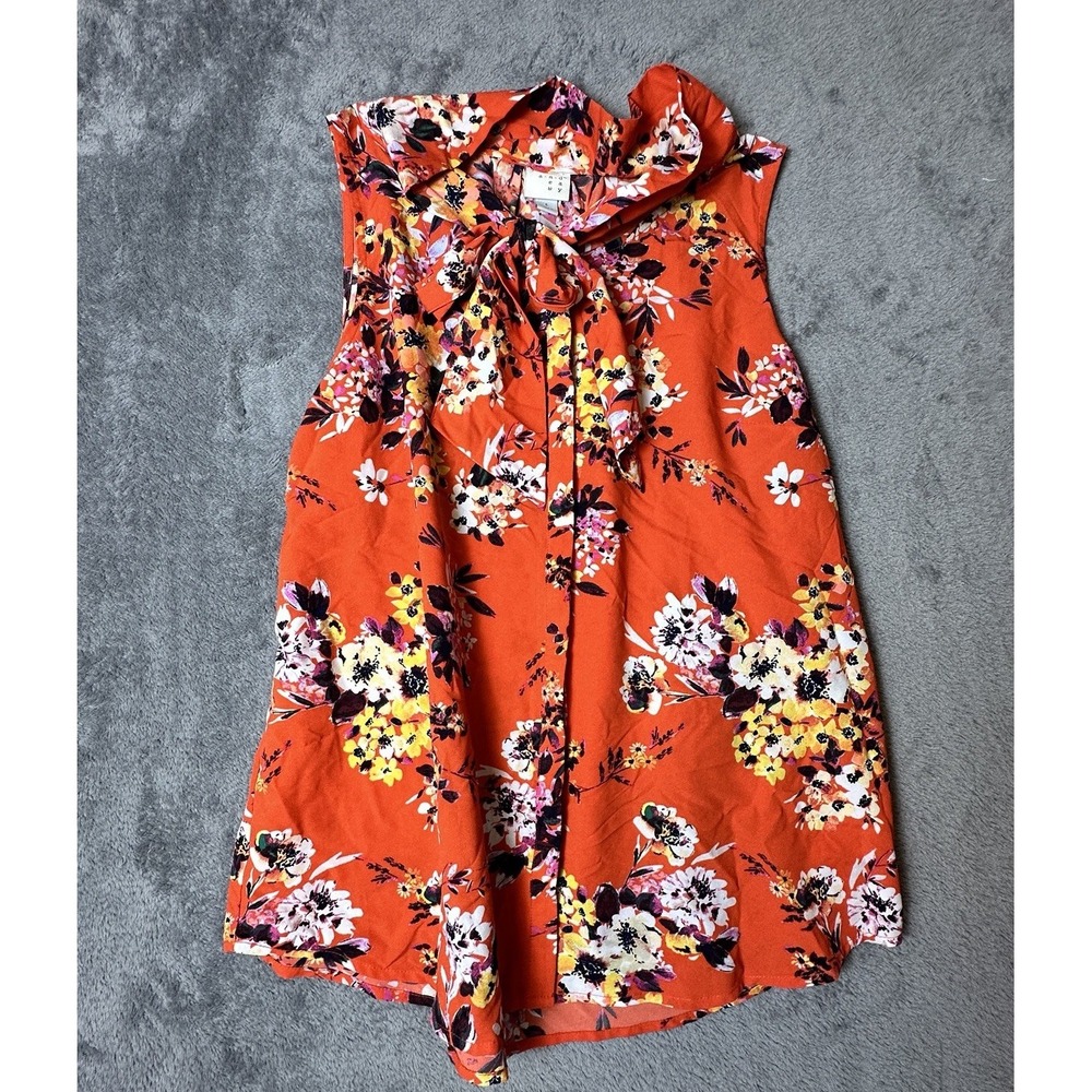 A New Day Blouse Orange Multicolor Floral Print Womens Keyhole‎ Tie Front L